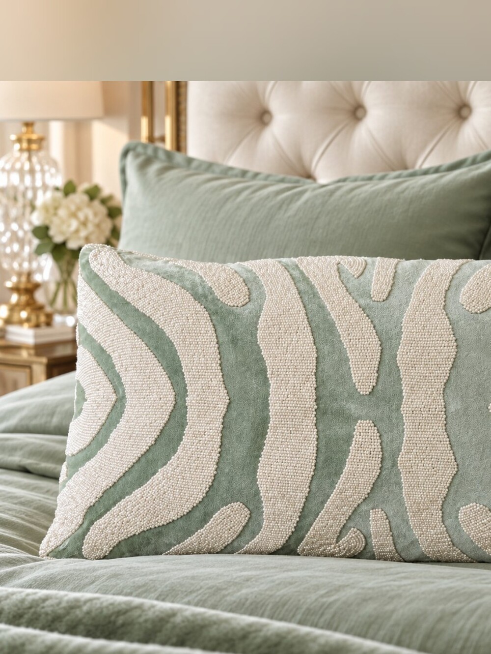 Lili Alessandra Sage Velvet Beaded Zebra Goose Down Pillow 20x14 Glam Quiet Luxu